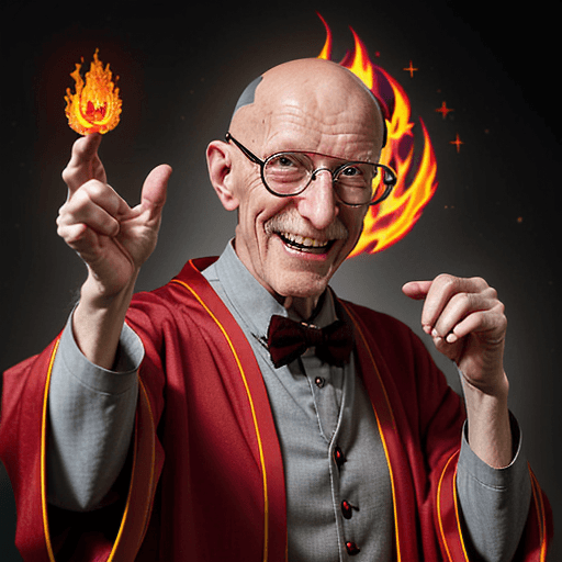 AI generated: professor  Farnsworth, realistic, dressed in red robes covered in mystic symbols stars and moons, ba...