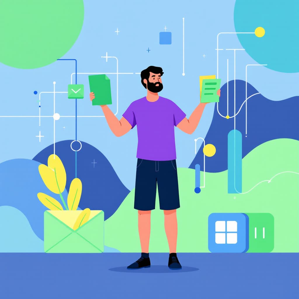 AI generated: This is a digital drawing in a flat, minimalist style, featuring a man standing in a modern, tech-or...