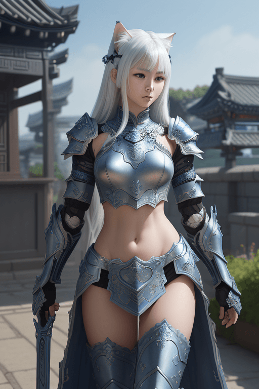 AI generated: (full body), intricate azure armor, detailed gorgeous face, cat ears, beautiful young South Korean g...