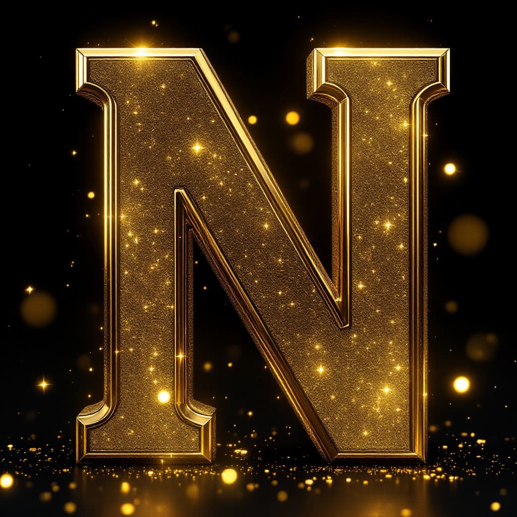AI generated: Letter N 3d, metallic gold, with gold glitter and sparkles, hyperrealism, high detail, octane render...