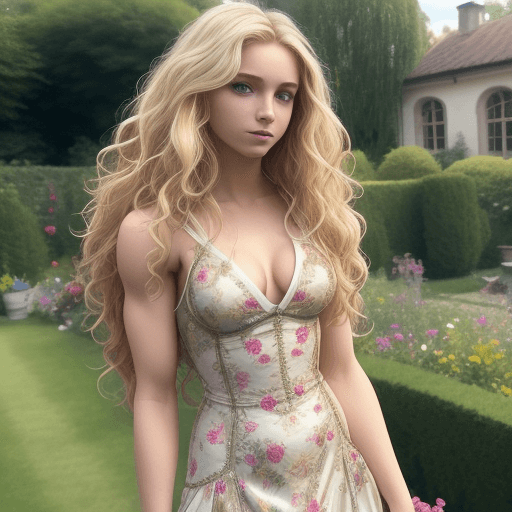 AI generated: a female, european, young adult, fit body, wavy blonde hair, wearing fancy clothes, garden in the ba...