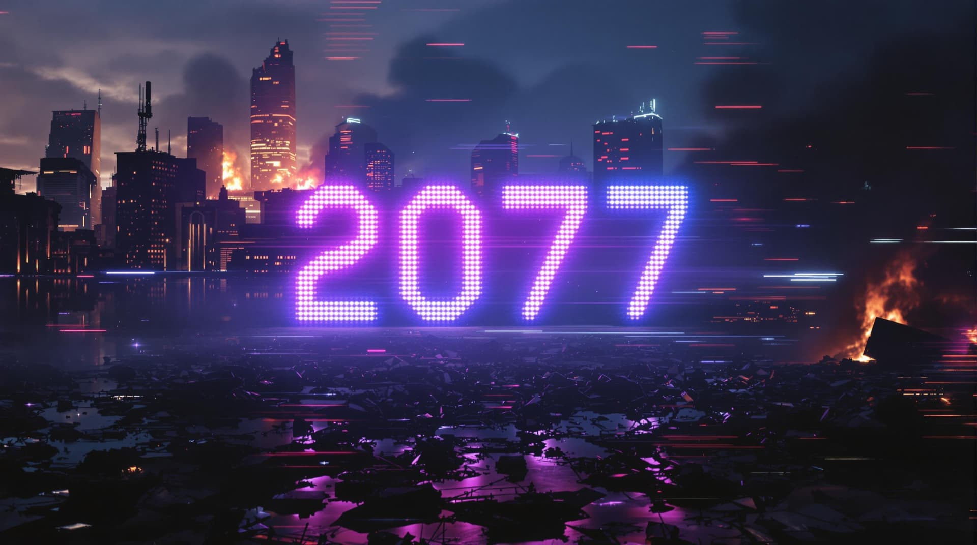 AI generated: Glitching neon countdown '2077' over dystopian city ruins, distorted TV noise, reflection of burning...