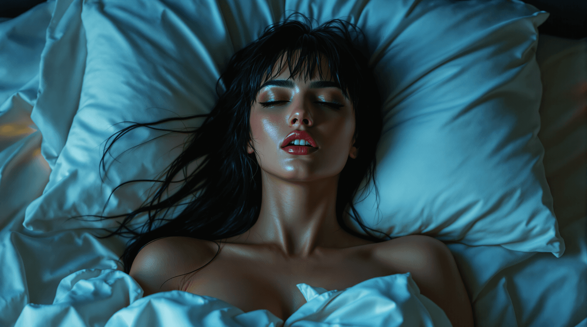 AI generated: extreme high angle, extreme close-up photo of a stunning woman (Lilith) in bed . Her raven tresses c...