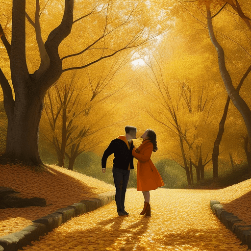 AI generated: A path covered with yellow and orange autumn leaves, with a couple in a tender embrace, sharing a ki...