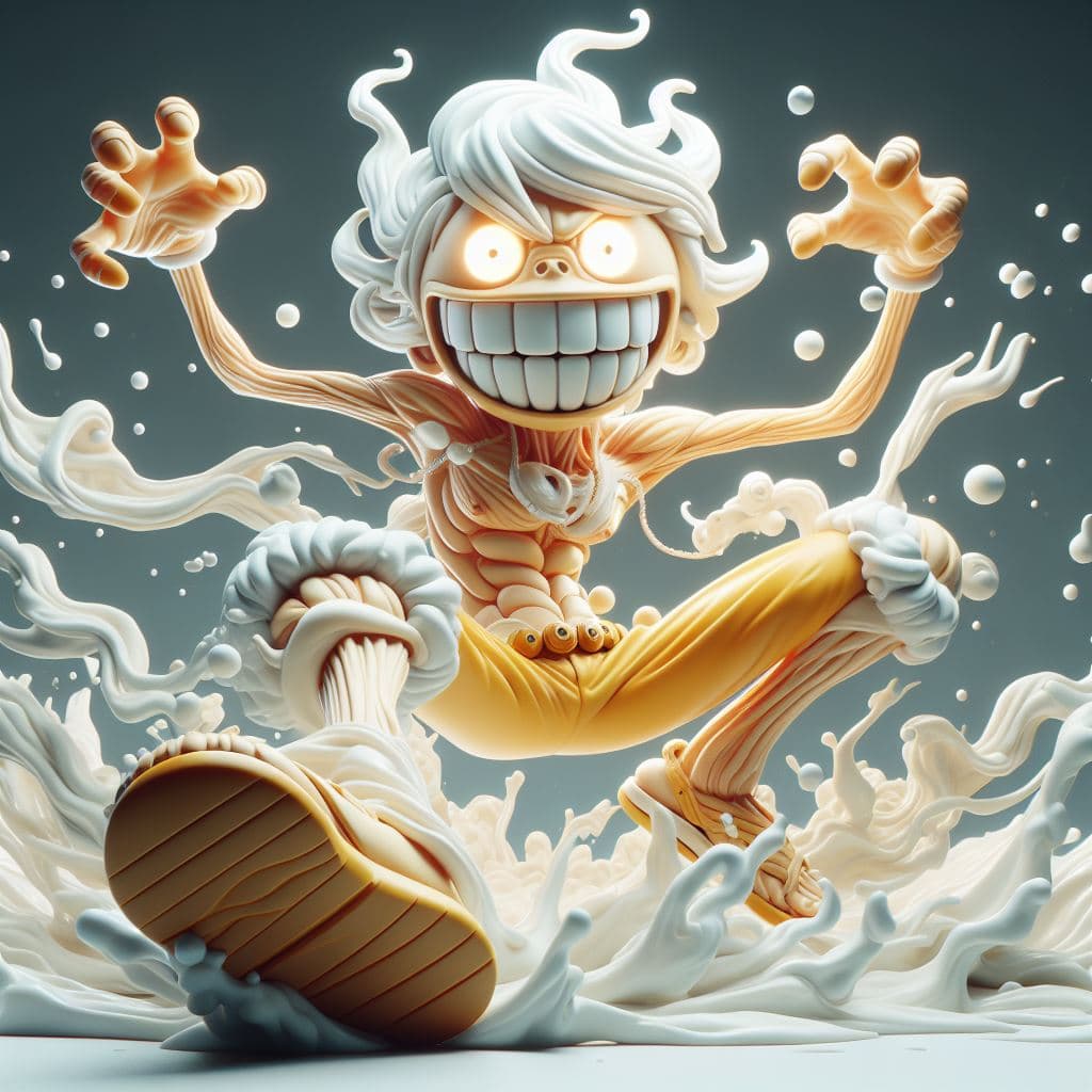 AI generated: Create a hyper-realistic and humor-infused visual depicting Luffy in his Gear 5 "Nika" form, showcas...