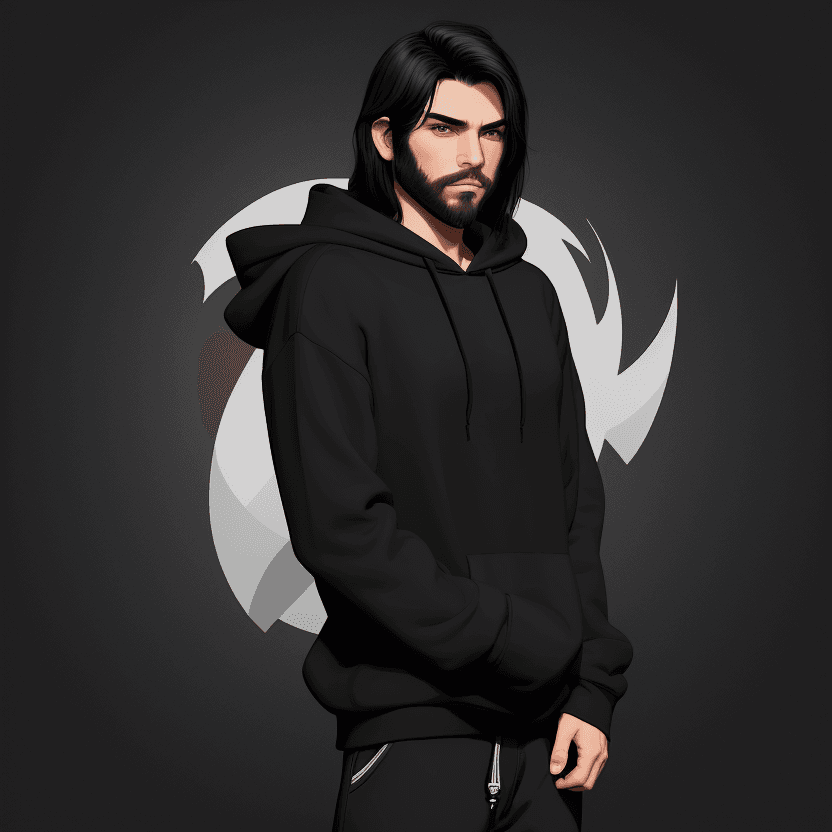 AI generated: Create 1 male character, solo, wearing plain Hoodie, small short beard, long straight black hair,  s...