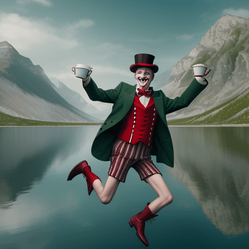 AI generated: Juggler without beard in shorts and jacket with dark green and scarlet red stripes, with a top hat a...
