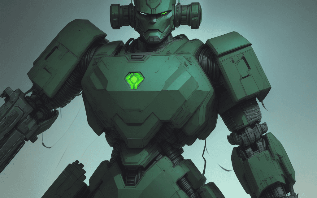 AI generated: brutal man warrior robot stands and holding a M41A Pulse Rifle in his hands, after the battle, looki...
