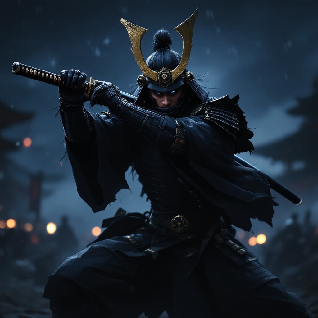 AI generated: at night, taking katana out of sheet, fighting pose, samurai warrior in battlefield, all black armou...