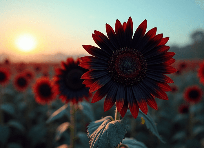 AI generated: Ultra realistic field of black sunflowers with bright red tips at dawn, low light mist