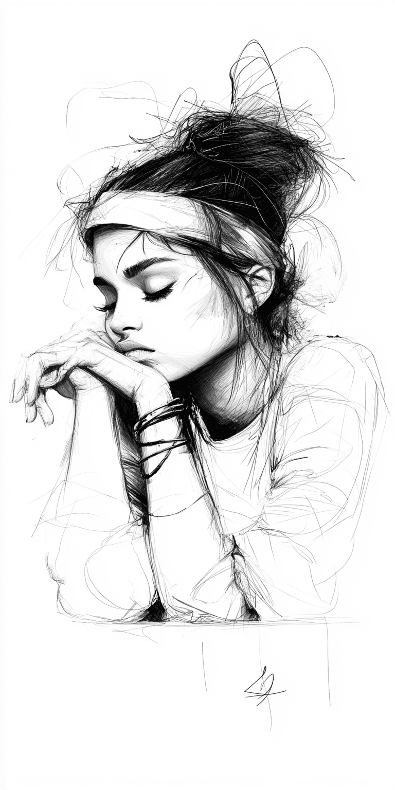 AI generated: minimalist, very basic, simplified continuous line drawing of a beautiful woman, in the style of pen...