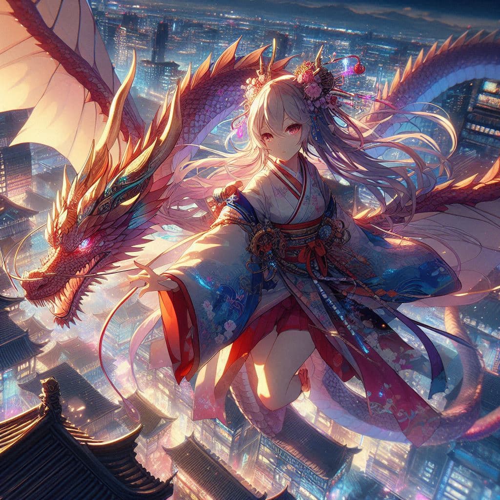AI generated: Kyoto Animation stylized anime mixed with tradition Chinese artworks~ A dragon flying at modern cybe...