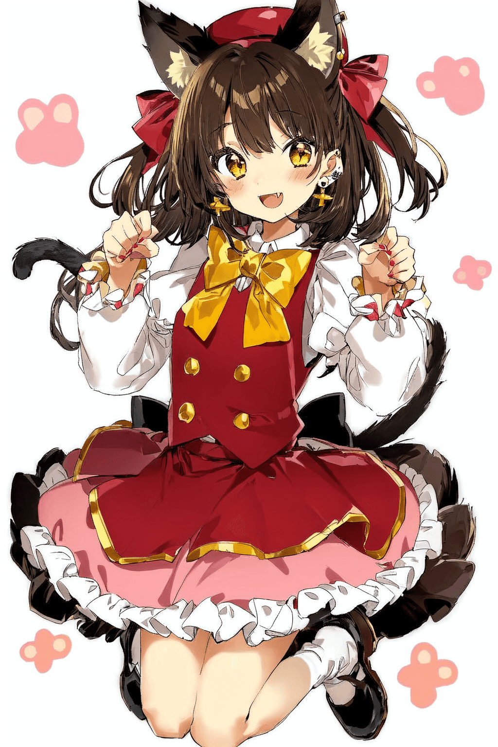AI generated: 1girl, ;d, animal ear fluff, animal ears, bow, bowtie, brown eyes, brown hair, cat ears, earrings, f...