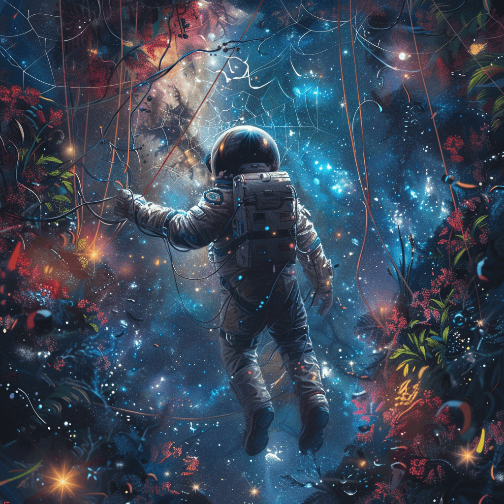 AI generated: the astronaut finds themselves in an impossible reality: a cosmic garden where nebulae bloom, and st...