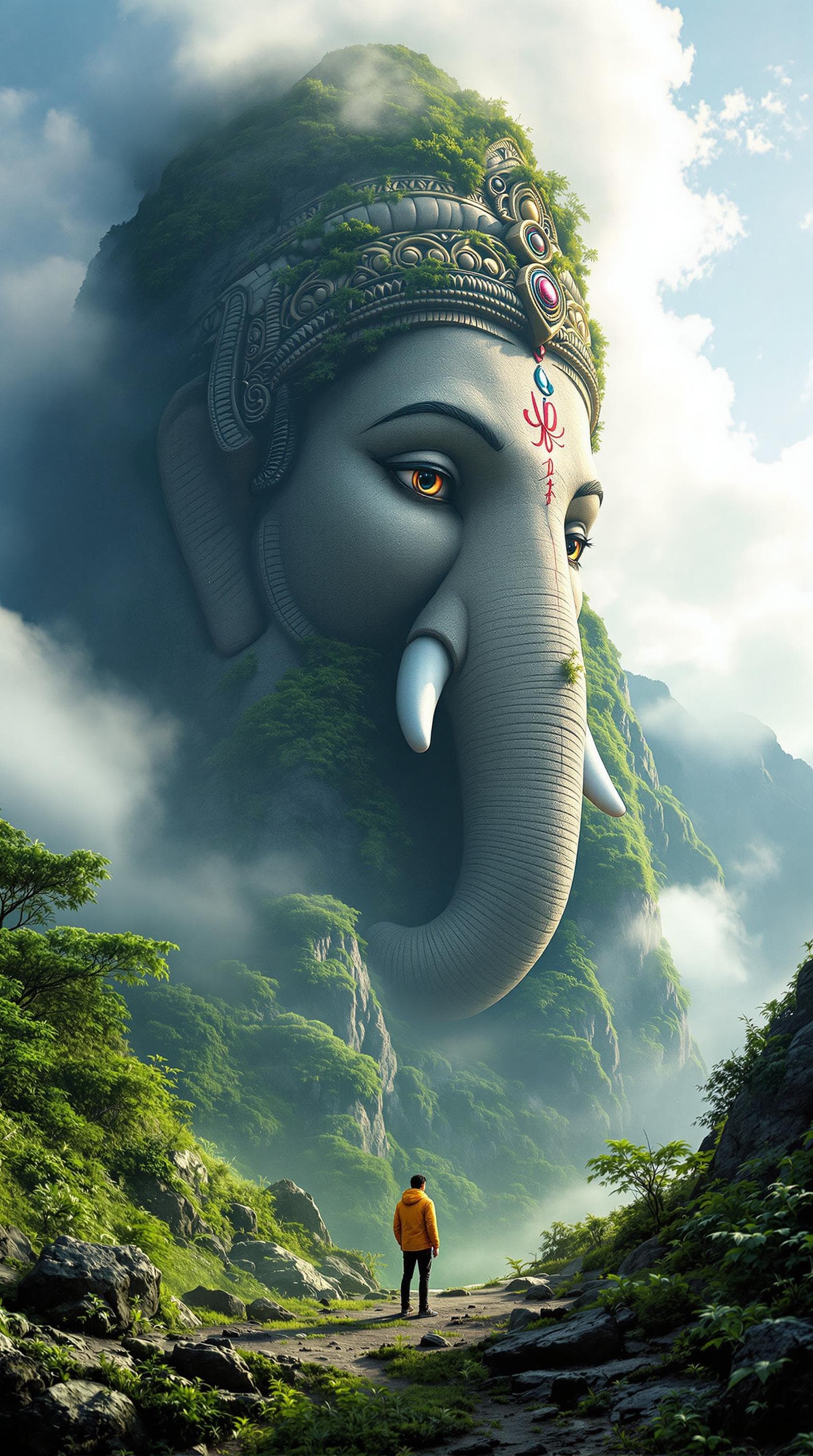 AI generated:  "A breathtaking and surreal landscape where an enormous ancient stone-carved face of Lord Ganesha e...