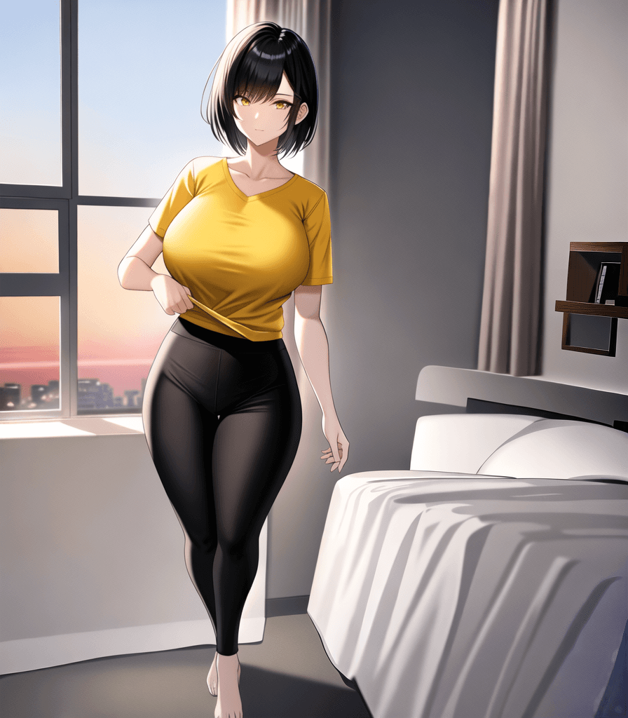 AI generated: perfect anime illustration, 1girl, short straight hair, (huge breasts:1.1), sunset, apartment, balco...