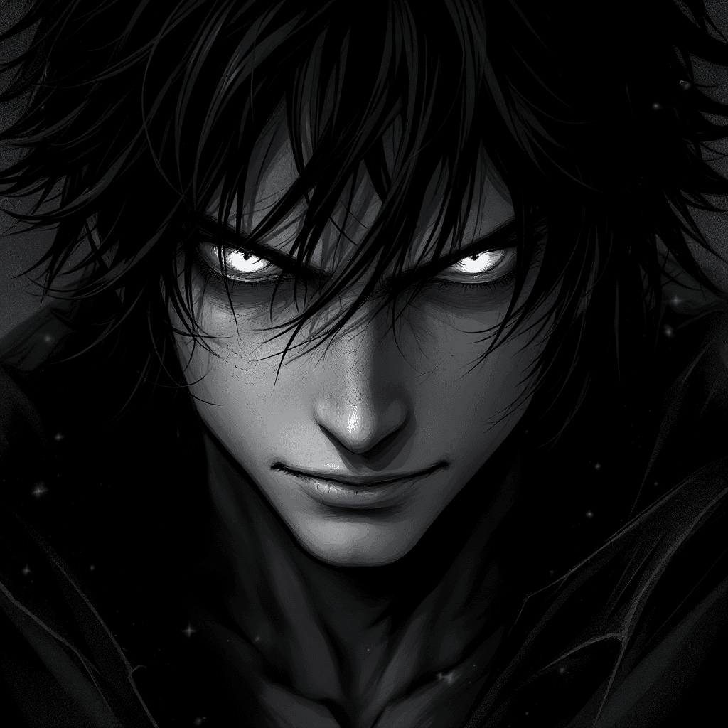 AI generated: Make it dark and manga styled, only his eyes with colour. Make it in depth plus really detailed and ...