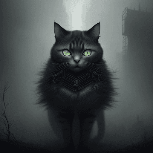 AI generated: Cat in the style of dystopian fantasies, otherworldly illustrations, desaturated colors, color negat...