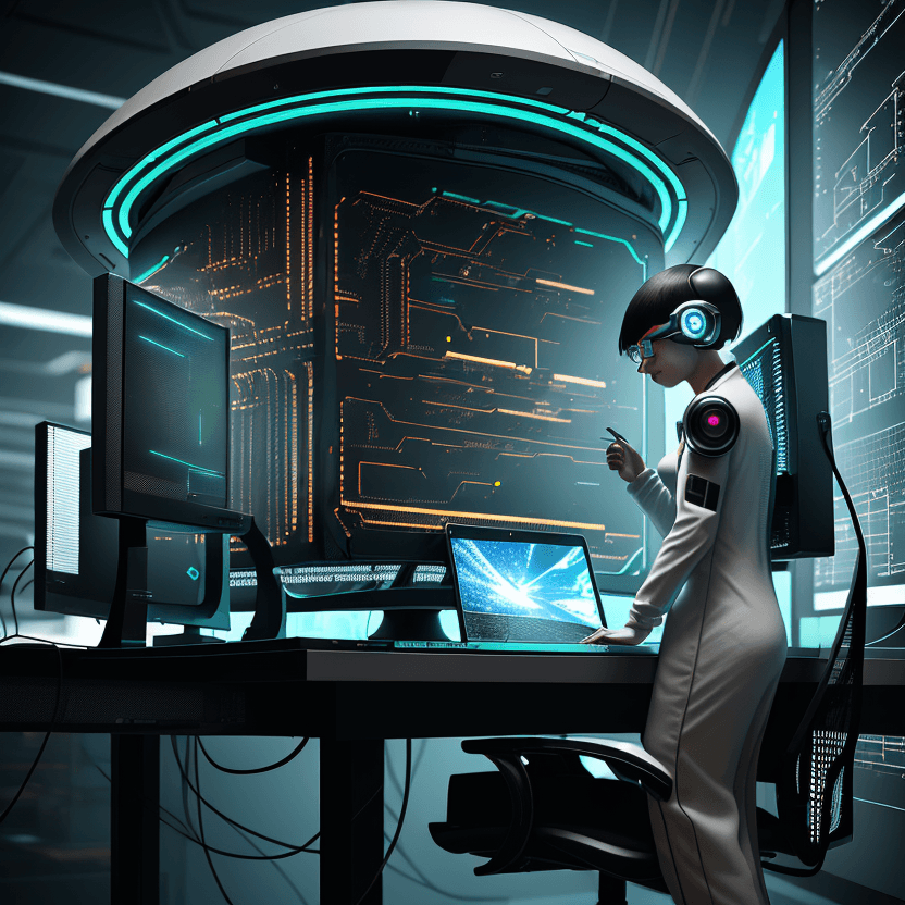 AI generated: Worried and determined computer scientist playing with path tracing in a futuristic detailed scene.