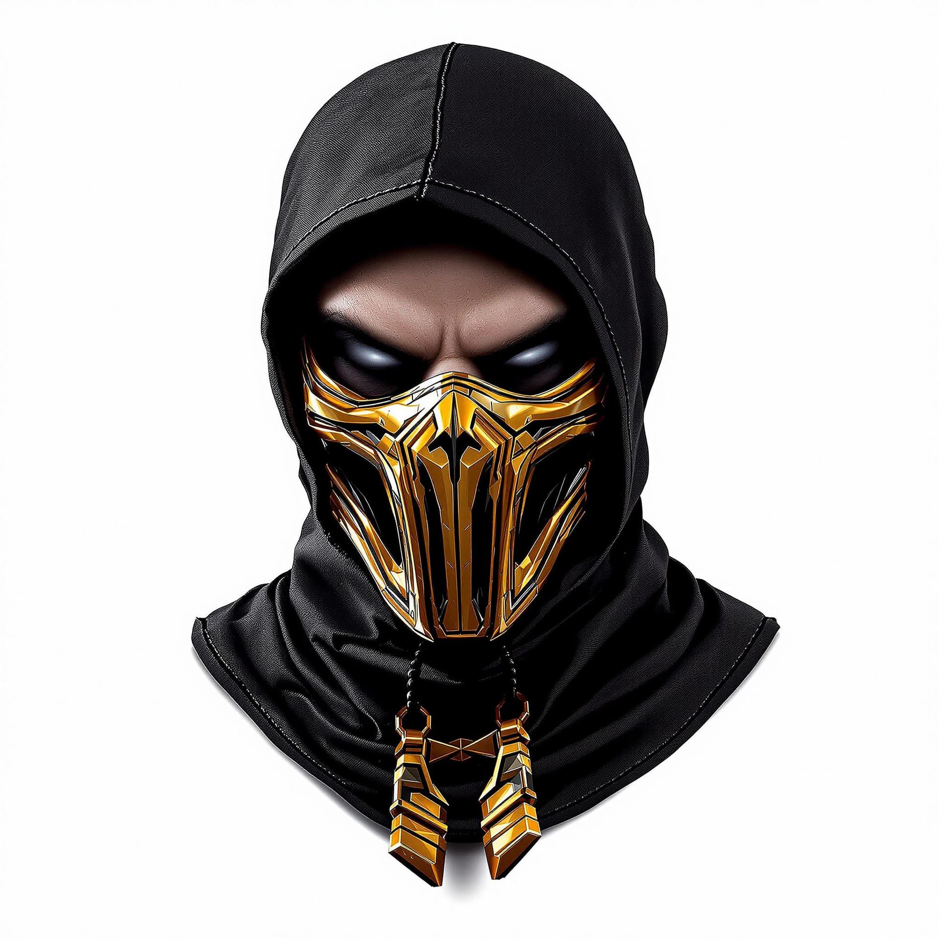 AI generated: Mortal Kombat scorpion Karakterini Buz Mavisi renkte elbise giysin. maskesi altın sarısı yap. Kral t...