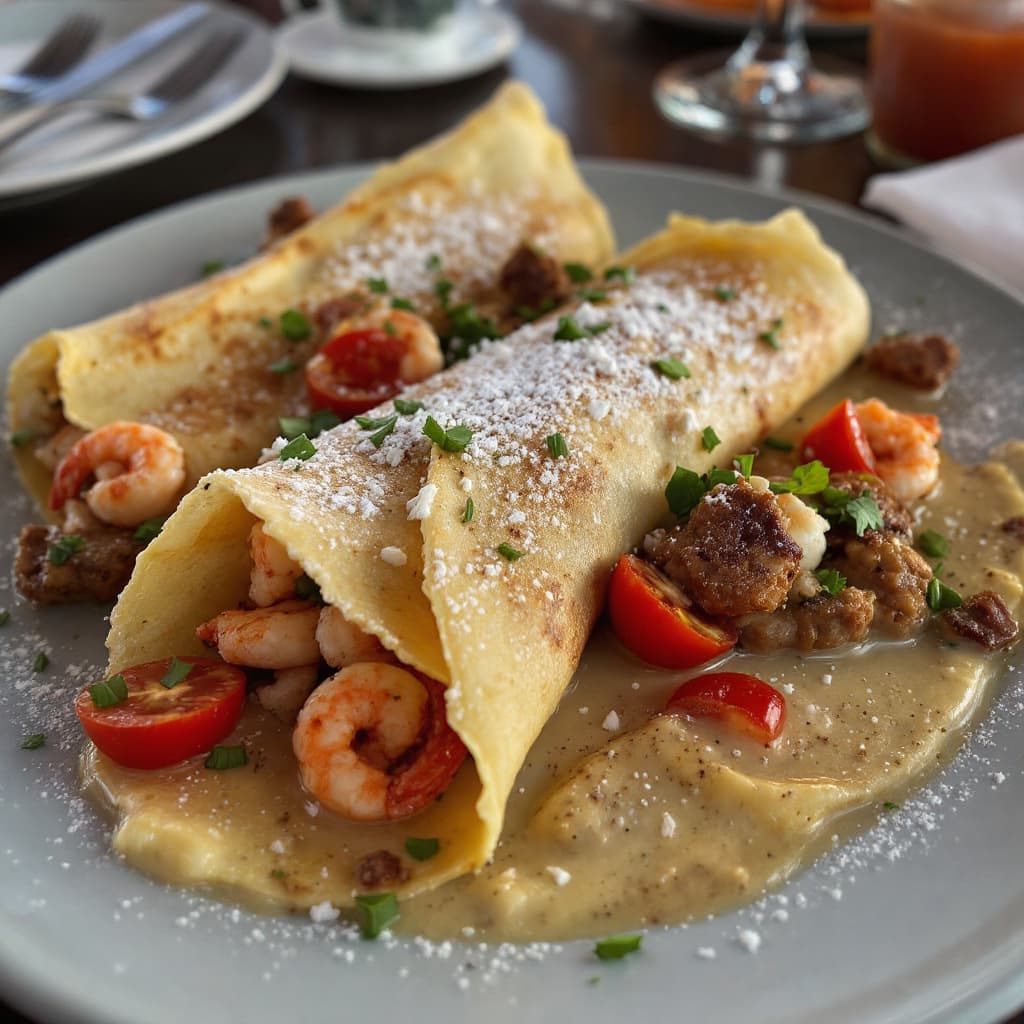 AI generated: shrimp and goat cheese crepes, vegetarian options, Cajun cuisine, pork chop, turtle soup, seafood gu...