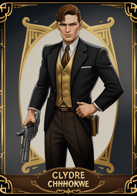 AI generated: Clyde Chestnut Barrow holding big gun, background look like a collectible card, number three is writ...