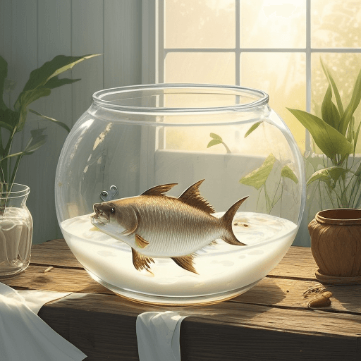AI generated: A whimsical and surreal scene featuring a catfish swimming gracefully in a bowl of milk. The scene o...