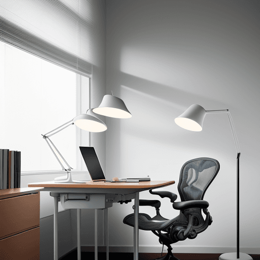 AI generated: Spacious office with frontal view, Herman Miller Aeron chairs, Artemide Tolomeo desk lamps, captured...