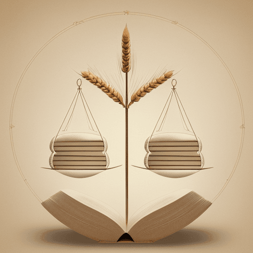 AI generated: Create a simple and elegant logo that combines a balanced scale, a sheaf of wheat, a cotton boll, an...