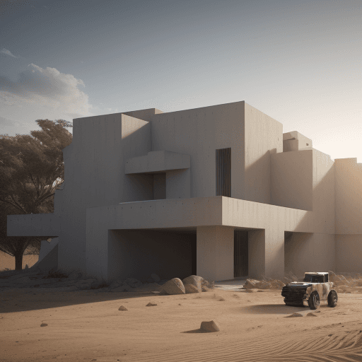 AI generated: Photo of a ultra realistic rammed earth architecture built with robotic arms, dramatic light, pale s...