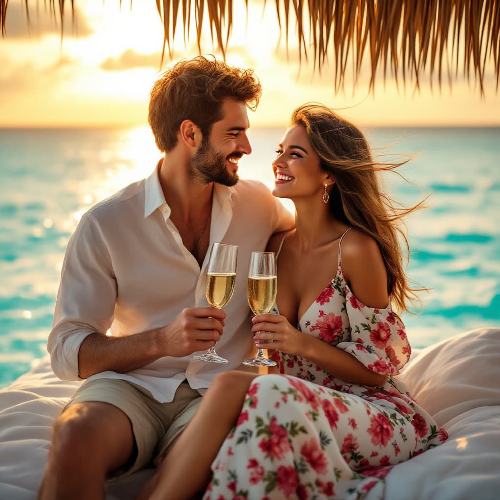 AI generated: A romantic photo of a young couple in their late 20s, lounging on a private overwater bungalow's dec...