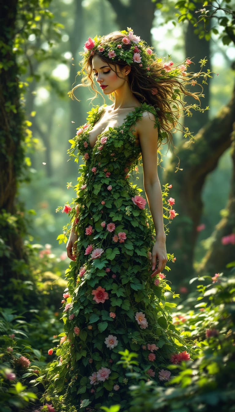 AI generated: 1. A whimsical, full-body portrayal of a woman, seemingly made of living flora, standing in a sun-da...