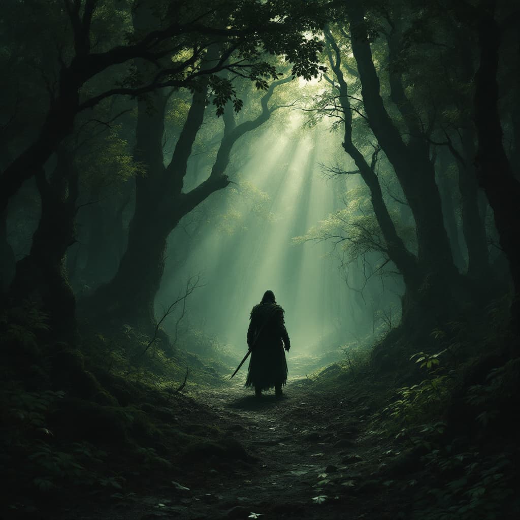 AI generated: A warrior in a dark, foreboding forest, with beams of eerie light piercing through the dense canopy....