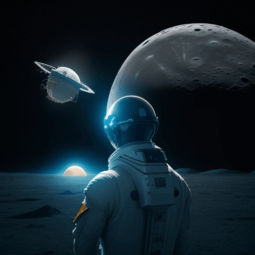 AI generated: Moon with intergalactic spacecraft on the surface. Man looking out at Earth contemplating life. Real...