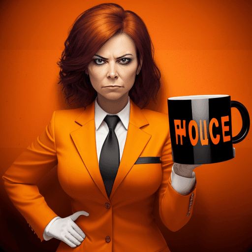 AI generated: A high powered business woman in an orange suit with a jack-o-lantern for a head in a police line up...