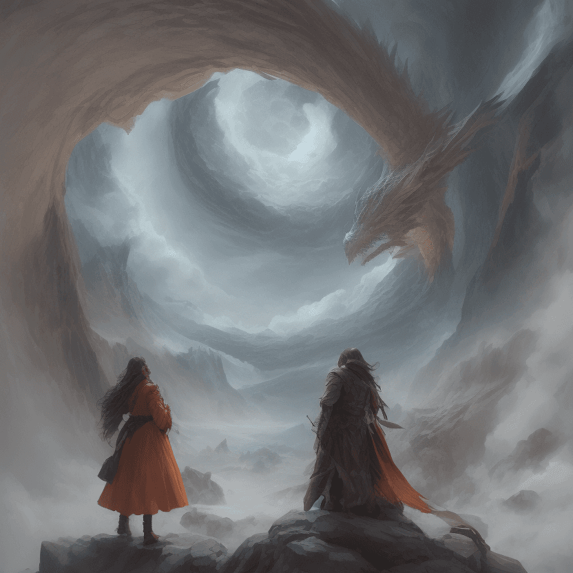 AI generated: This image depicts a fantastical scene of a man and woman facing a dragon in a mountainous landscape...