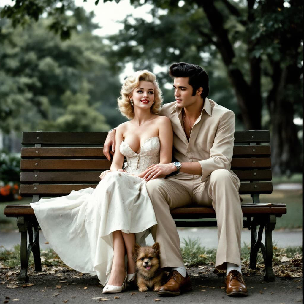 AI generated: Marilyn Monroe and Young Elvis Presley during the Cuban missile crisis are sitting on a parkbench in...