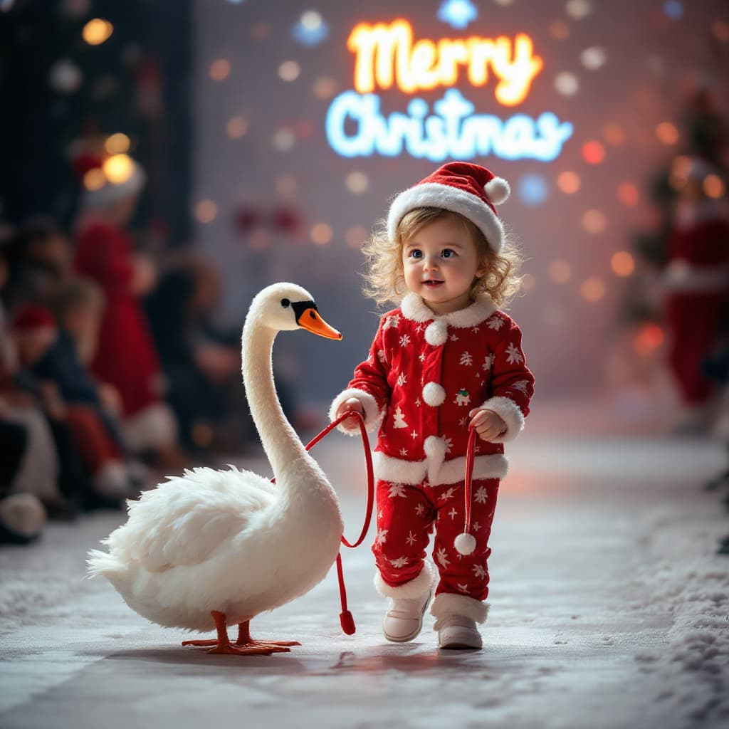 AI generated: A baby girl dressed in santa claus pajamas leads a pet manga swan on a leash while walking at a Merr...