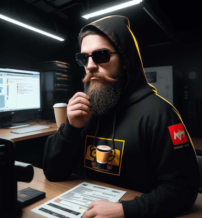 AI generated: hacker, darkroom, coder, computer, man, medium beard, cool, grunge, (typing), ultra detailed detaile...