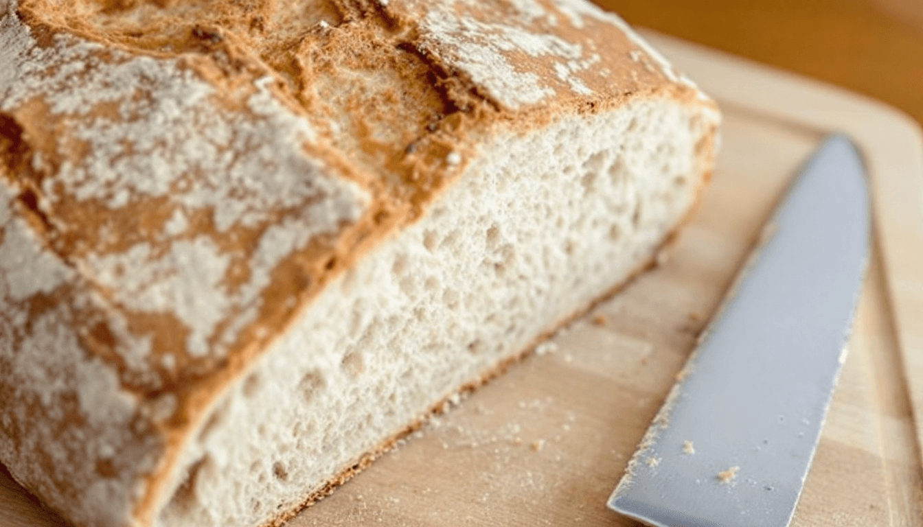 AI generated: A loaf of freshly baked sourdough bread with a crispy crust, placed on a wooden cutting board with a...