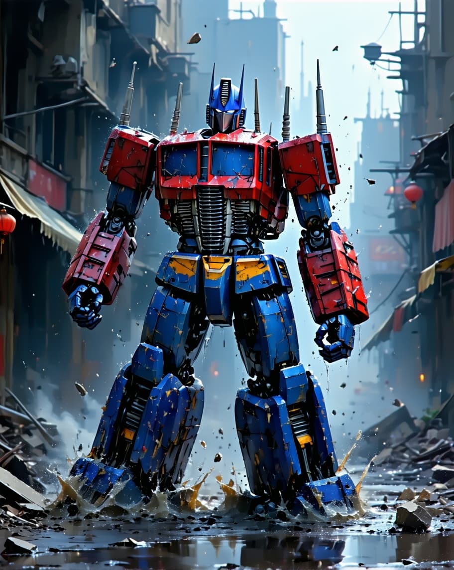 AI generated: painting style, urbanpunk, low angle shot, a cybernetic samurai Optimus Prime in a post-apocalyptic ...
