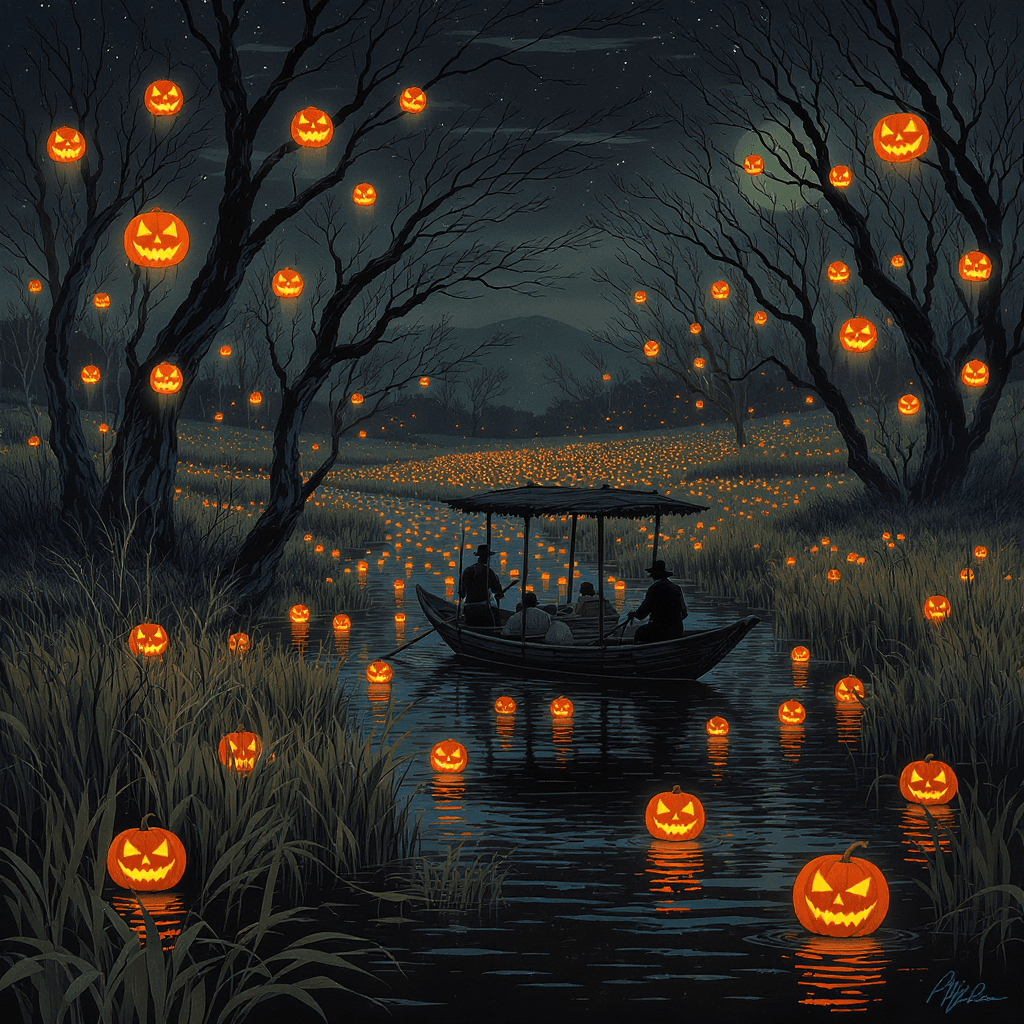 AI generated: The Lantern-Filled Marsh — floating jack-o’-lanterns drift across dark waters, lighting the way for ...