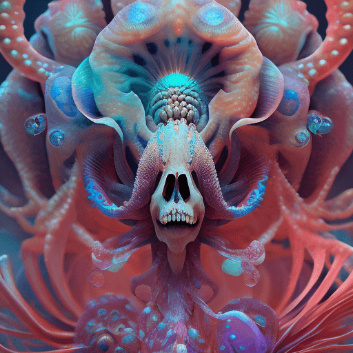 AI generated: Goddess close-up portrait ribcagel. jellyfish phoenix head, nautilus, orchid, skull, betta fish, bio...