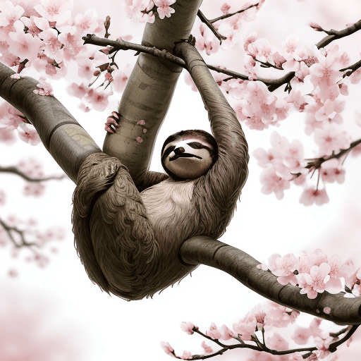 AI generated: Describe a peaceful scene of a sloth resting on a branch of a blooming sakura (cherry blossom) tree....