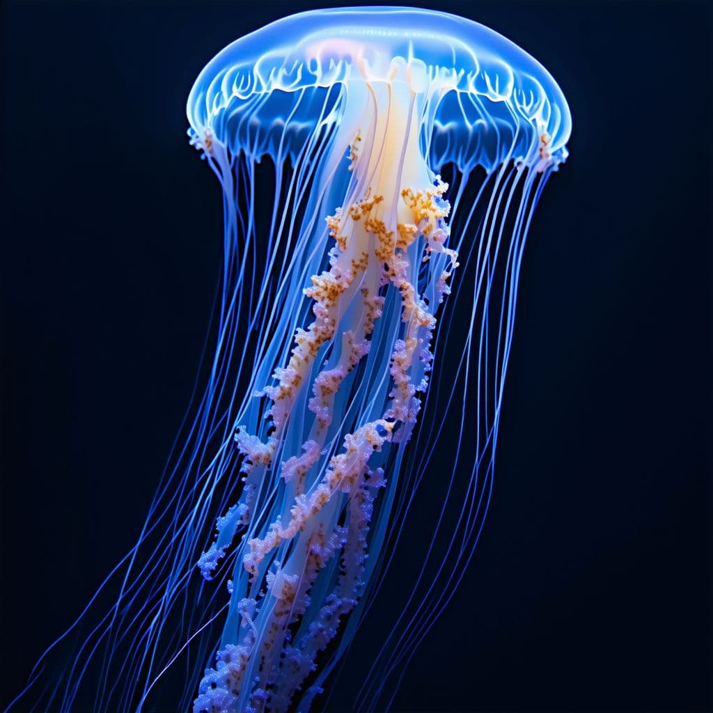 AI generated: Man of war jellyfish , extremely long, holding a jelly fish in its tentacles,bioluminisce, creatures...