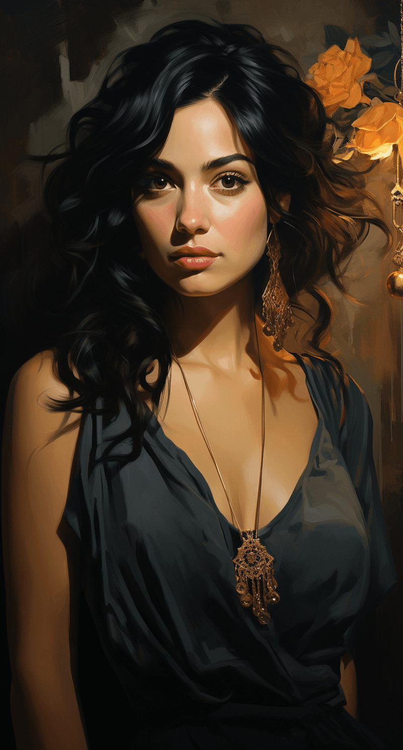 AI generated: a painting of a dark-haired woman wearing gold earrings, in the style of realistic color palette, ar...