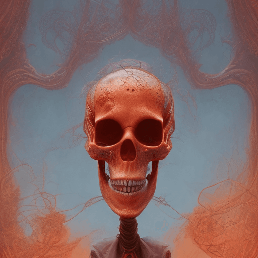AI generated: a tall tango dancing rotting red skeleton dressed in a long orange leather coat and lace dancing lik...