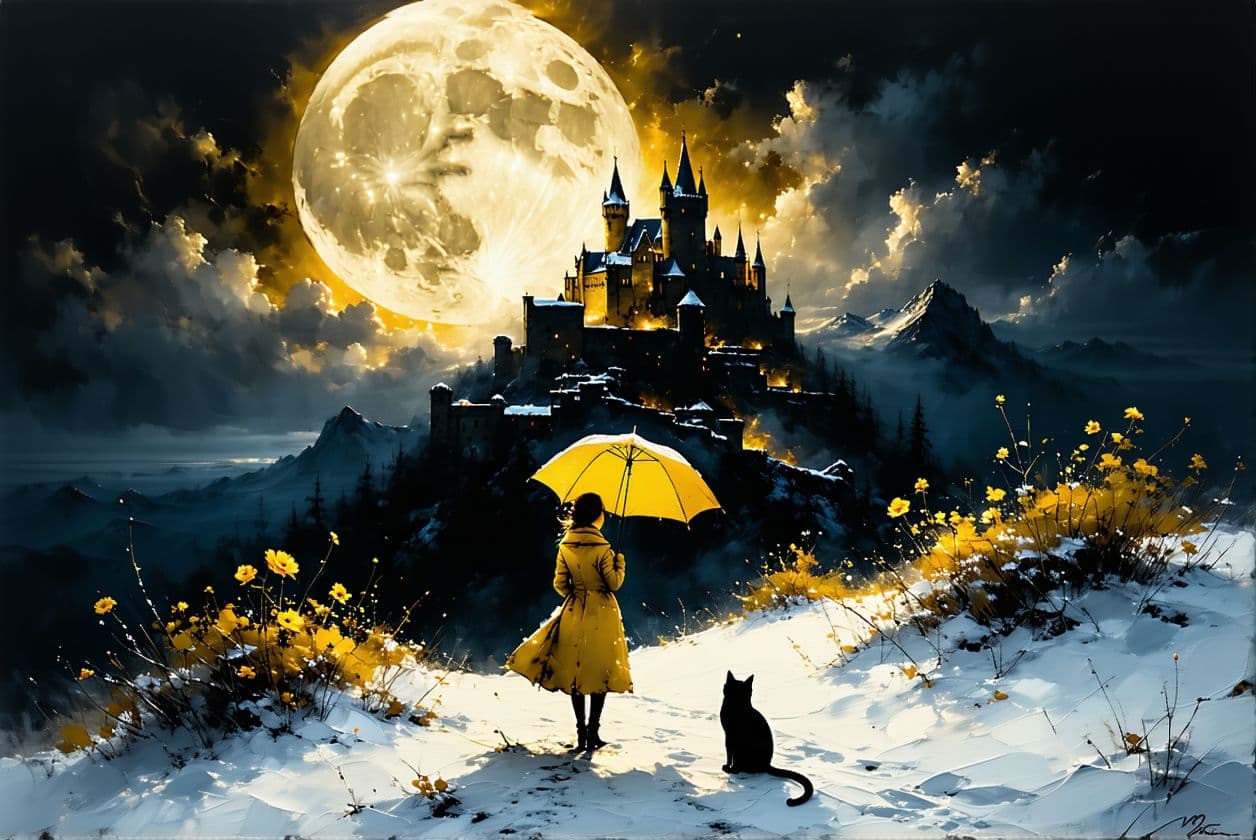 AI generated: Two figures with yellow coats 
gold hold colorful umbrellas, on a snow-covered hill. A majestic cast...