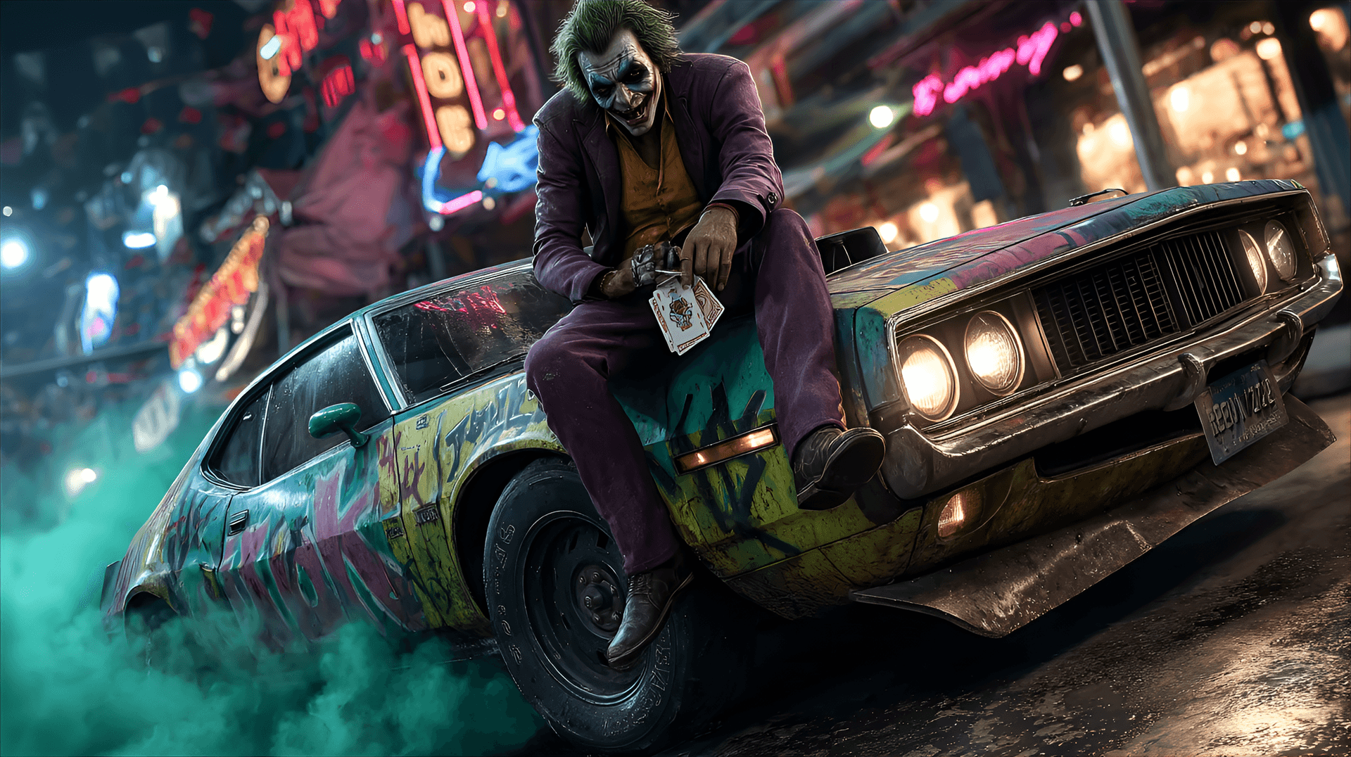 AI generated: The Joker, a male adult with a vibrant green and purple hair style, sits on a custom-painted, purple...