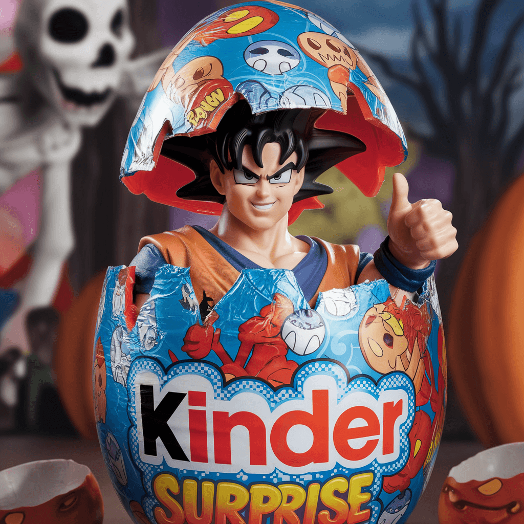 AI generated: Low angle haunted photography of a single large sizable Kinder Surprise egg, with the iconic foil pa...